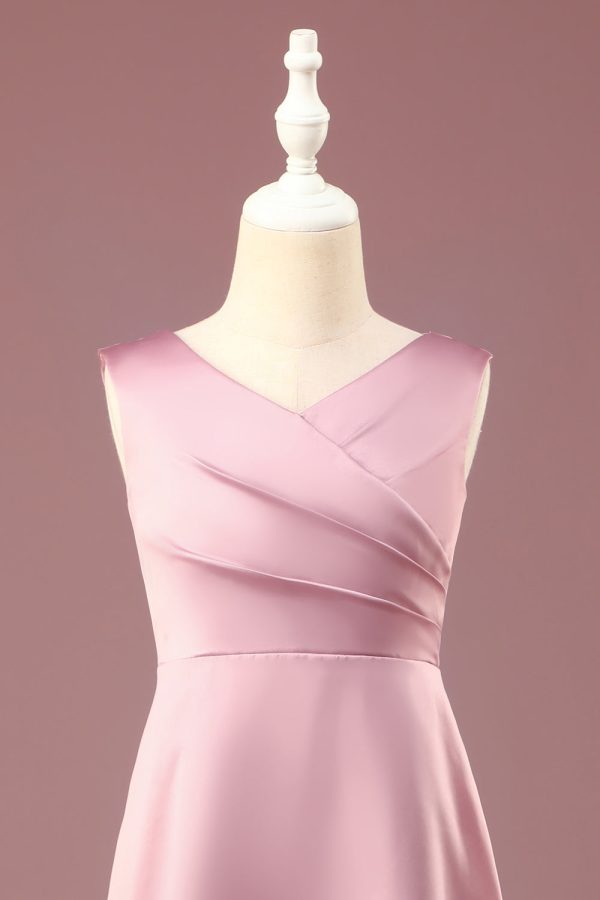 Dusty Rose Satin A-line Pleated V-neck Long Junior Bridesmaid Dress Online Sale