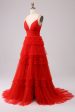 Red A Line Spaghetti Straps Long Prom Dress with Ruffles Online