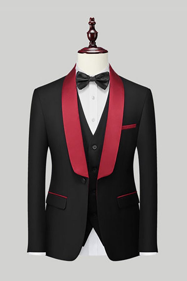 Black 3 Piece Shawl Lapel Men Suits For Sale