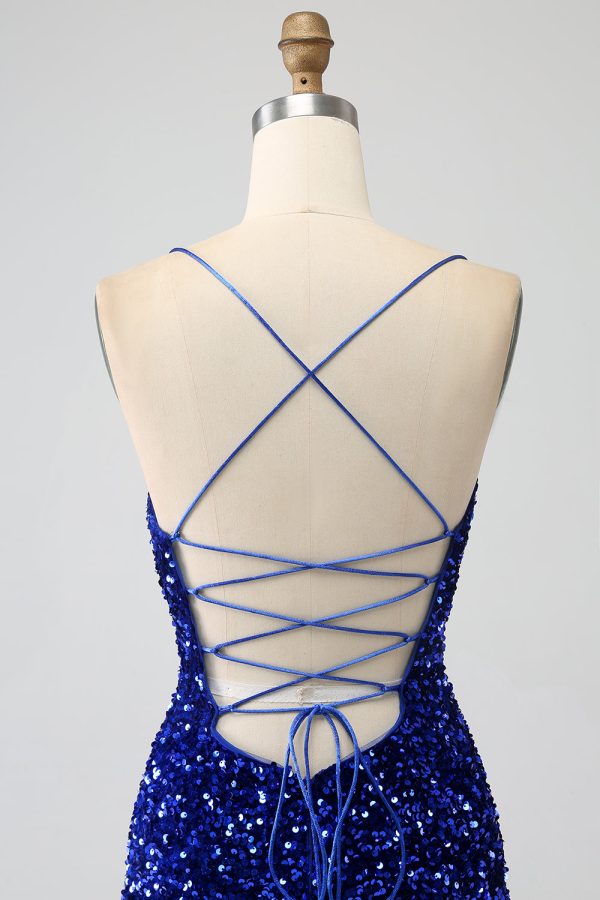 Sparkly Royal Blue Mermaid Spaghetti Straps Sequin Long Prom Dress With Split For Sale