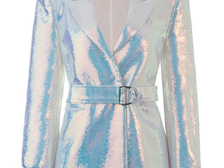 Sparkly White Sequins Peak Lapel Women Blazer with Belt on Sale