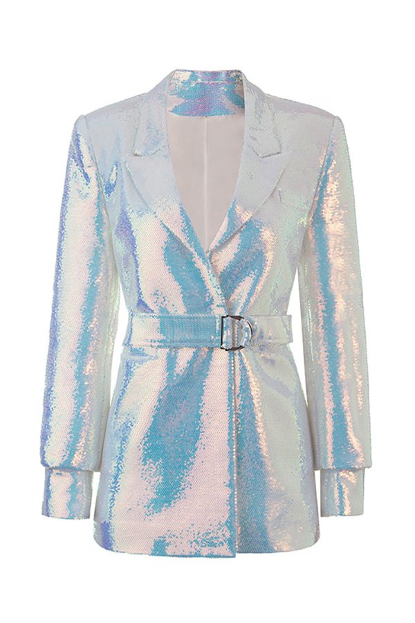 Sparkly White Sequins Peak Lapel Women Blazer with Belt on Sale