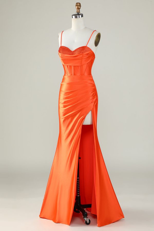 Orange Mermaid Spaghetti Straps Long Corset Prom Dress With Slit Online