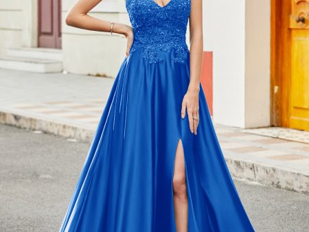 Royal Blue A Line Spaghetti Straps Long Backless Prom Dress with Appliques Online