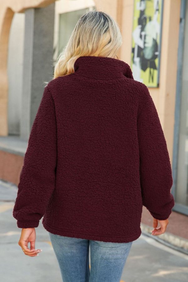 Burgundy Fleece Button Down Coat With Pockets For Cheap