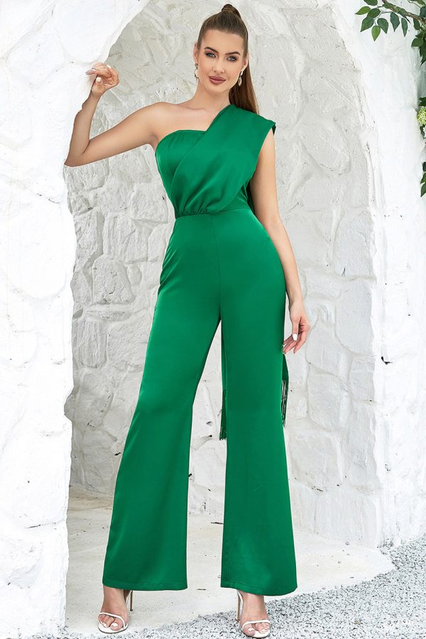 One Shoulder Green Prom Jumpsuits Online Sale