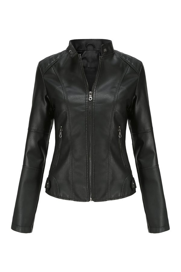 Black Zipper Front Fitted PU Women Jacket Online now