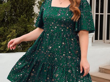 A Line Square Neck Green Velvet Plus Size Xmas Dress Supply