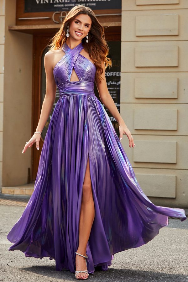 Stunning A Line Halter Neck Purple Long Prom Dress with Accessory Discount