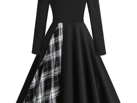 Retro Style One Shoulder Black Plaid 1950s Dress For Discount