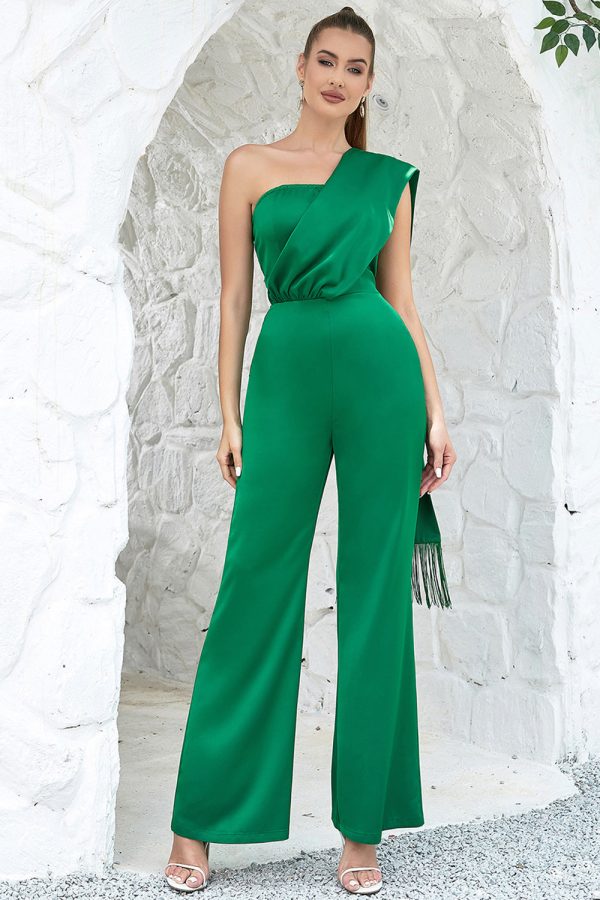 One Shoulder Green Prom Jumpsuits Online Sale