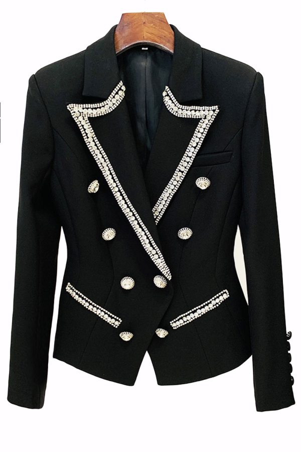 Fashionable Diamond Beaded Double Breasted Slim Women Blazer Hot on Sale