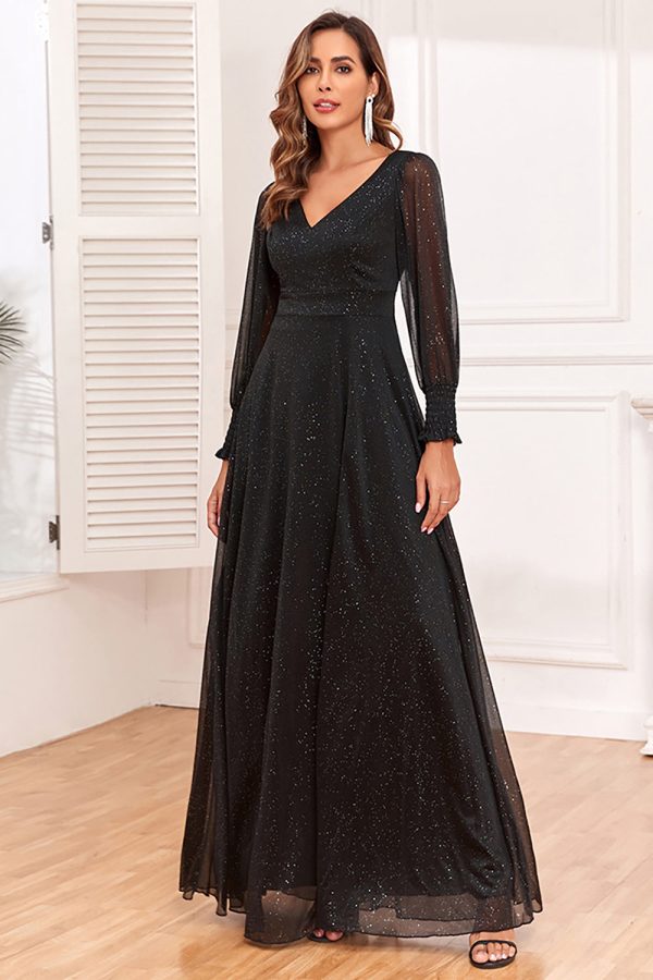 Glitter A-Line Long Sleeves Black Mother of The Bride Dress with Slit Sale