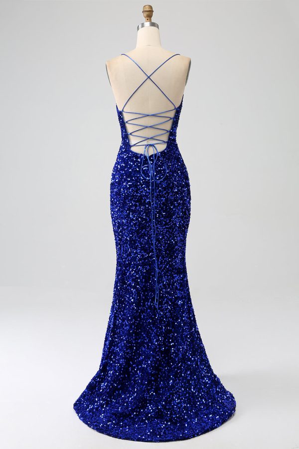 Sparkly Royal Blue Mermaid Spaghetti Straps Sequin Long Prom Dress With Split For Sale