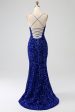 Sparkly Royal Blue Mermaid Spaghetti Straps Sequin Long Prom Dress With Split For Sale