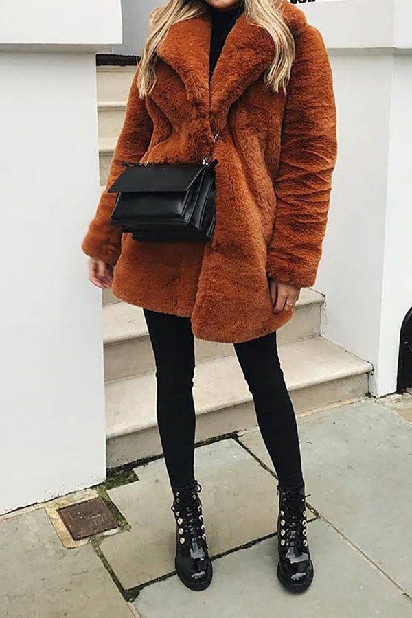 Orange Lapel Neck Open Front Faux Fur Midi Women Coat Sale