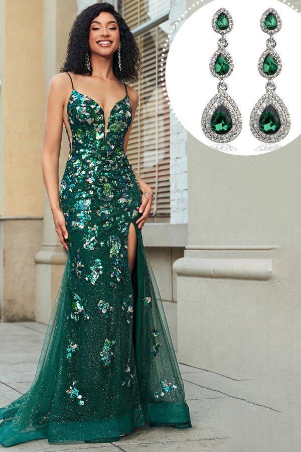 Sparkly Dark Green Mermaid Long Prom Dress with Accessory Supply