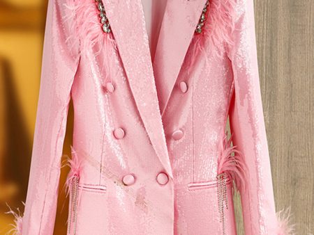 Glitter Pink Women Blazer with Feathers For Discount