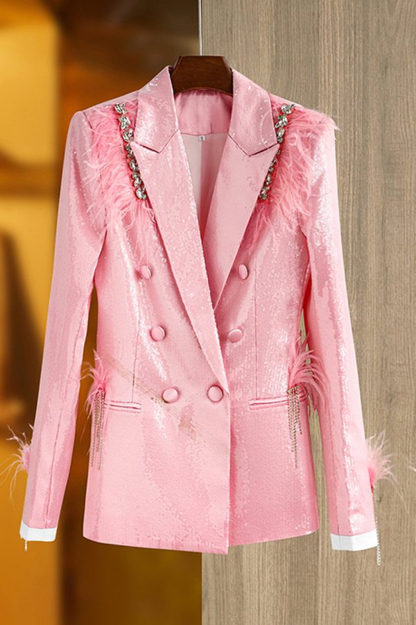 Glitter Pink Women Blazer with Feathers For Discount