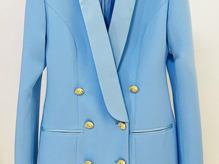 Blue Buttoned Satin Lapel Blazer Dress Online Hot Sale