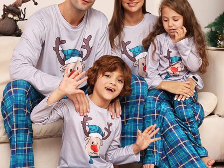 Grey Deer and Blue Plaid Christmas Family Matching Pajamas Set Supply