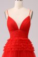 Red A Line Spaghetti Straps Long Prom Dress with Ruffles Online