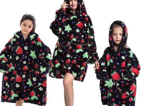 Black Strawberry Family Matching Flannel Oversize Wearable Hoodie Blanket Sweatshirt on Sale