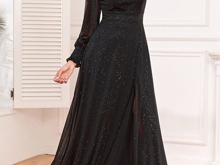 Glitter A-Line Long Sleeves Black Mother of The Bride Dress with Slit Sale