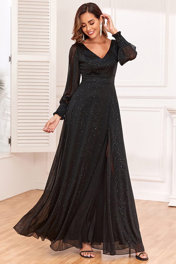 Glitter A-Line Long Sleeves Black Mother of The Bride Dress with Slit Sale