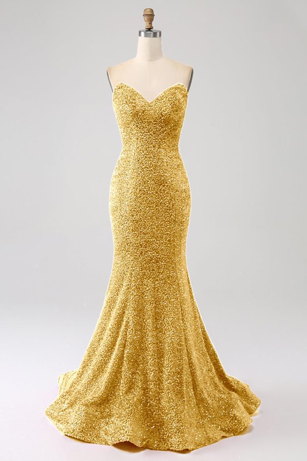 Golden Mermaid Sweetheart Sweep Train Prom Dress With Sequins on Sale