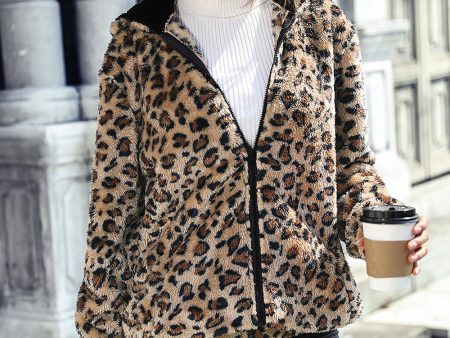 Grey Leopard Fleece Hooded Zip Up Coat Fashion