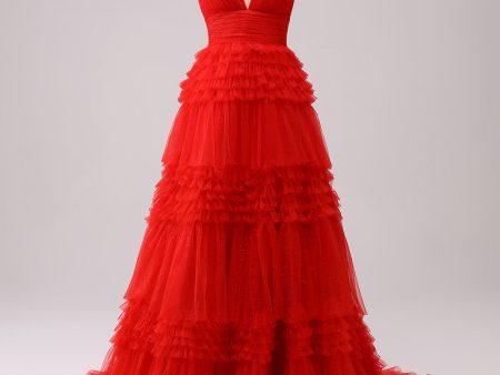 Red A Line Spaghetti Straps Long Prom Dress with Ruffles Online