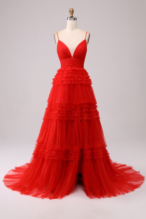 Red A Line Spaghetti Straps Long Prom Dress with Ruffles Online