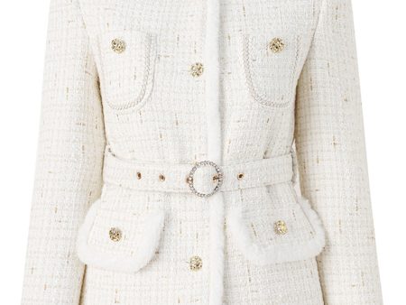 Light Luxury White Wool Splicing Small Stand Collar Women Jacket on Sale