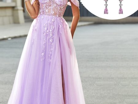 Off the Shoulder Appliques Tulle Corset Prom Dress with Accessory Fashion