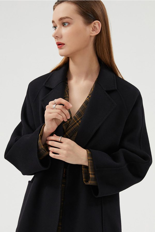 Black Long Notched Lapel Reversible Wool Coat with Belt Fashion