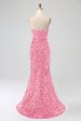 Pink Mermaid Strapless Sequins Long Prom Dress With Slit For Sale