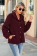 Burgundy Fleece Button Down Coat With Pockets For Cheap