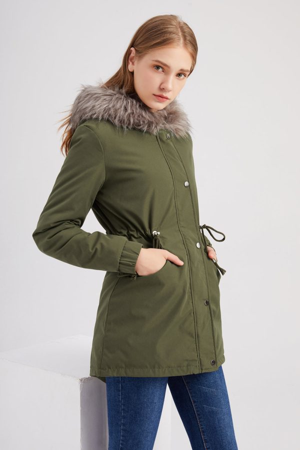 Army Green Mid-Length Hooded Winter Warm Plus Fleece Coat Fashion