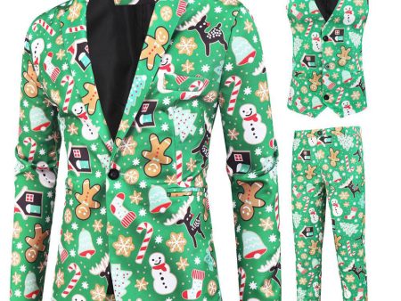 Green Notched Lapel Printed 3 Piece Christmas Men s Suits Sale