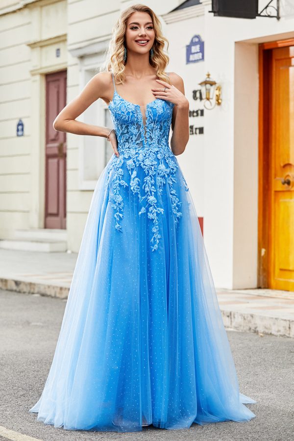 Blue A Line Appliques Tulle Long Prom Dress with Accessory Discount