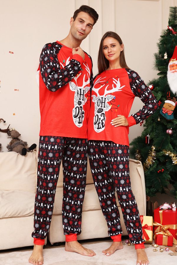 Christmas Family Matching Pajamas Black Red Deer Printed Pajamas Set For Sale