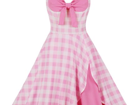 Retro Styles A Line Halter Neck Pink Plaid 1950s Dress Fashion