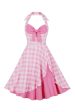 Retro Styles A Line Halter Neck Pink Plaid 1950s Dress Fashion