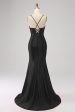 Stunning Black Mermaid Spaghetti Straps Corset Prom Dress with Split Front For Sale