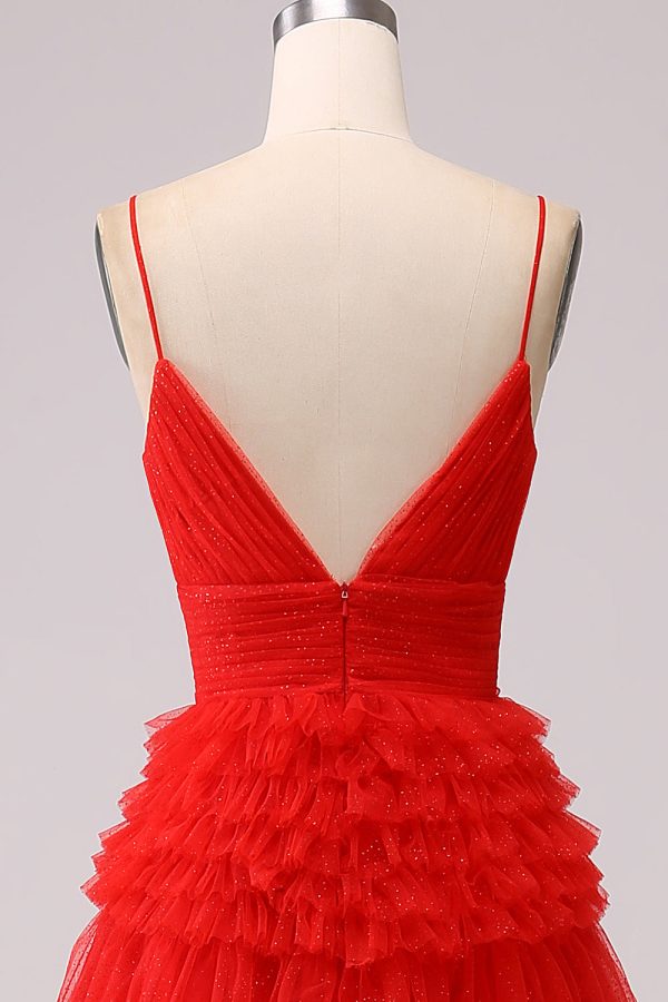 Red A Line Spaghetti Straps Long Prom Dress with Ruffles Online