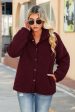 Burgundy Fleece Button Down Coat With Pockets For Cheap