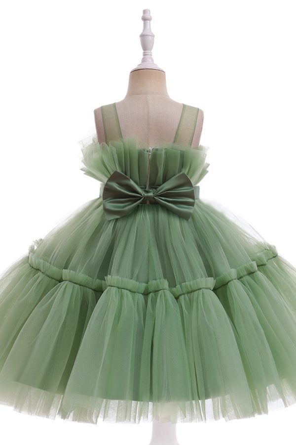 Green Round Neck Tulle Flower Girl Dress with Bowknot Online now