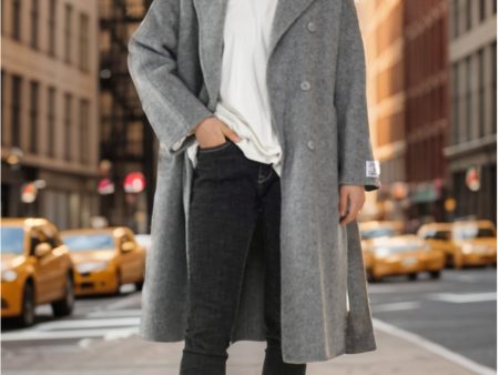 Grey Double Breasted Long Wool Blend Coat with Belt Supply