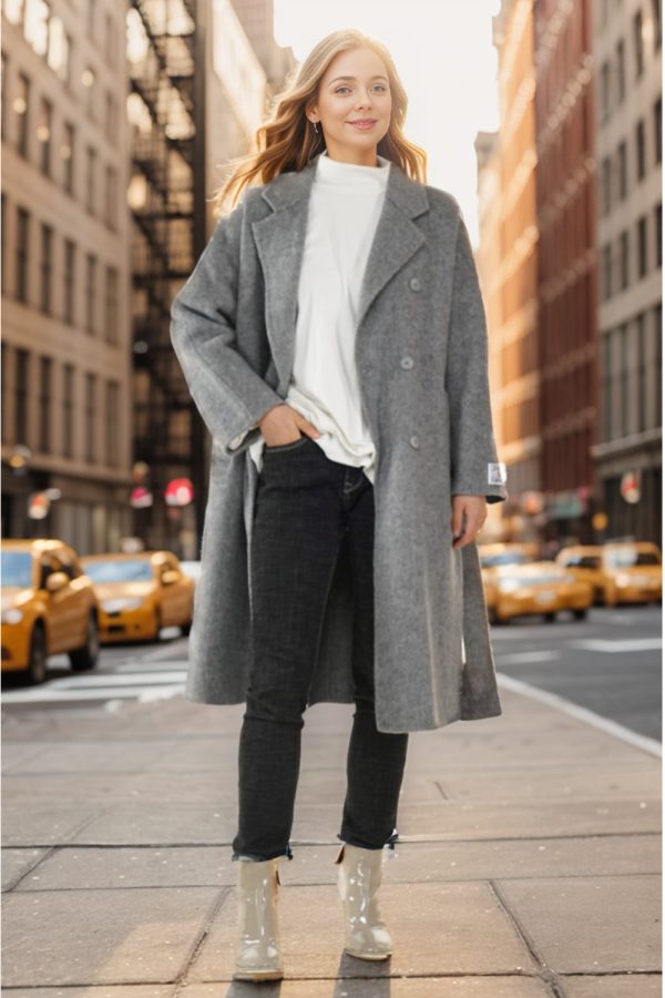 Grey Double Breasted Long Wool Blend Coat with Belt Supply